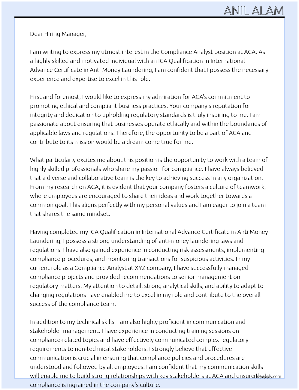 Compliance Analyst At ACA Cover Letter