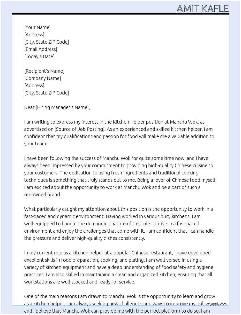 Kitchen helper  At Manchu Wok Cover Letter