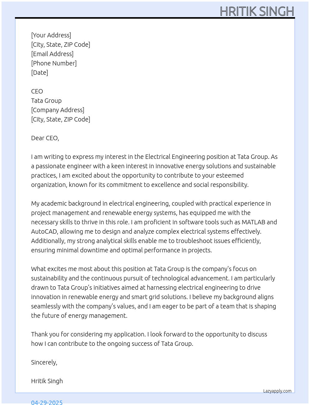 Electrical engineering At Tata group Cover Letter