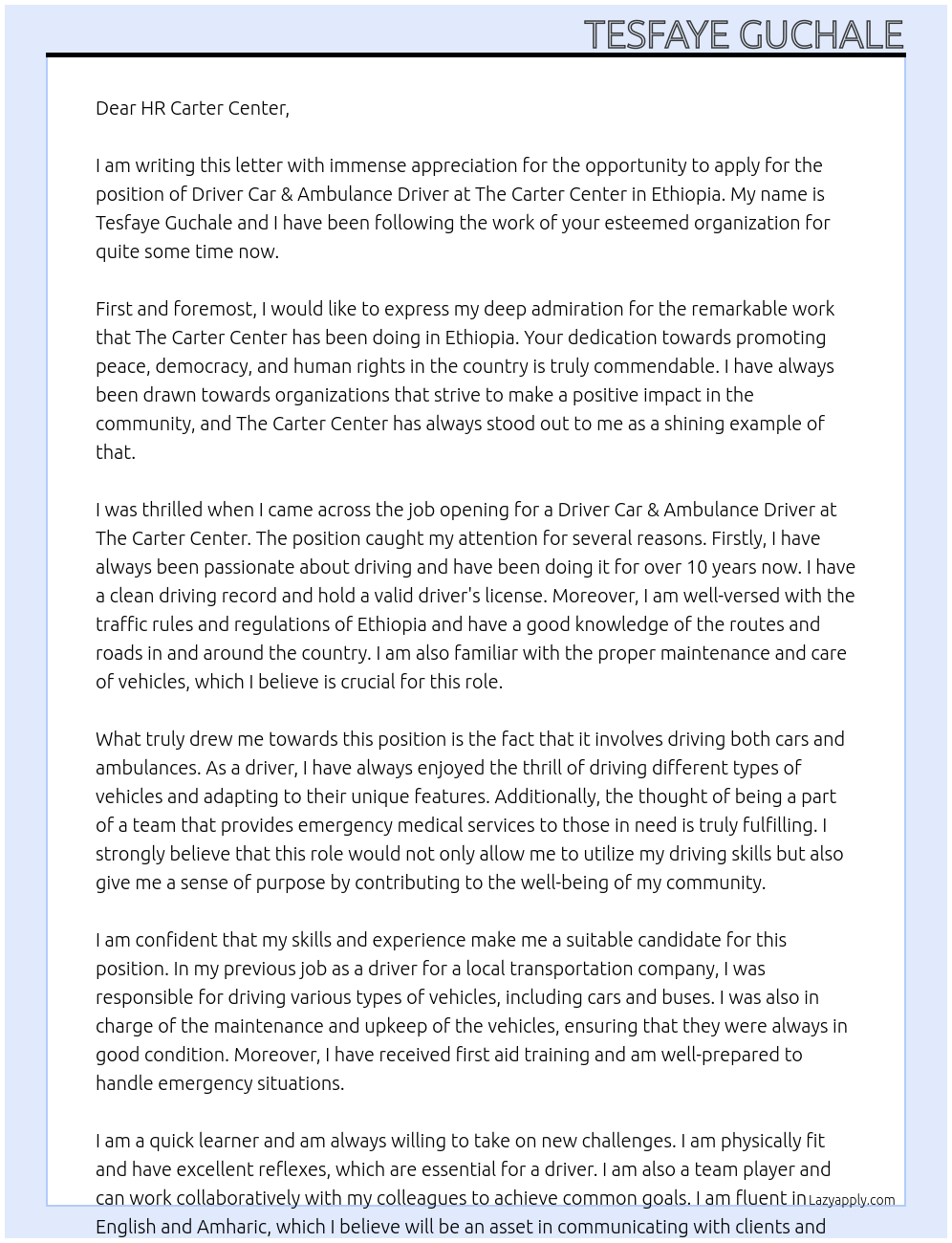 Driver Car & Ambulance Driver At The Carter Center - Ethiopia Cover Letter