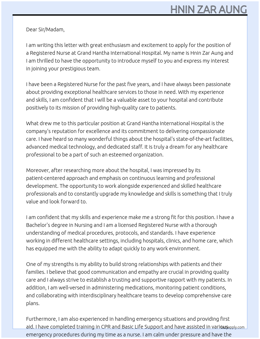 Registered Nurse At Grand Hantha International Hospital Cover Letter