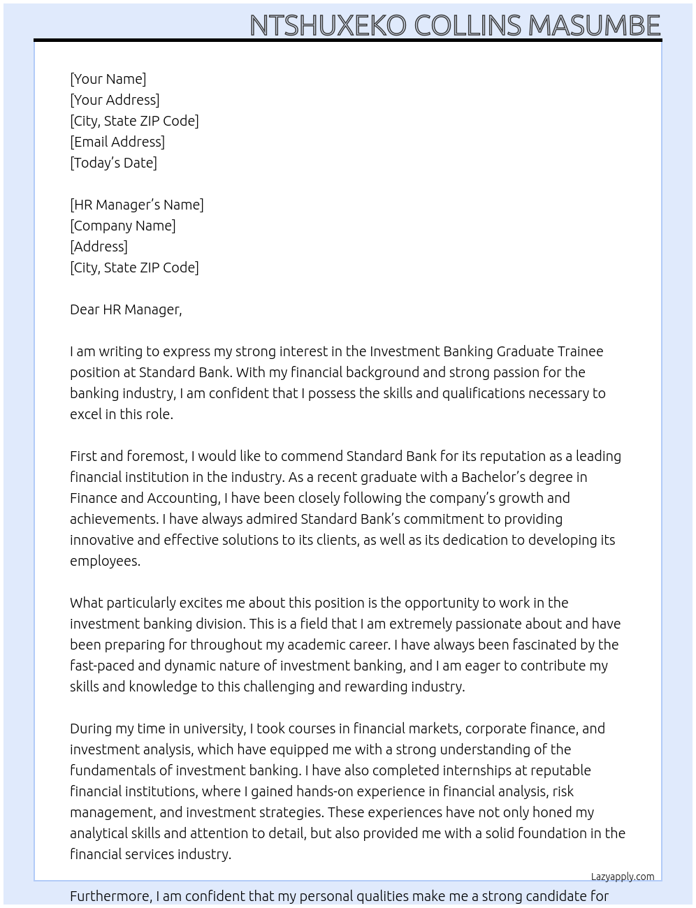 Investment Banking, Graduate Trainee At Standard bank Cover Letter