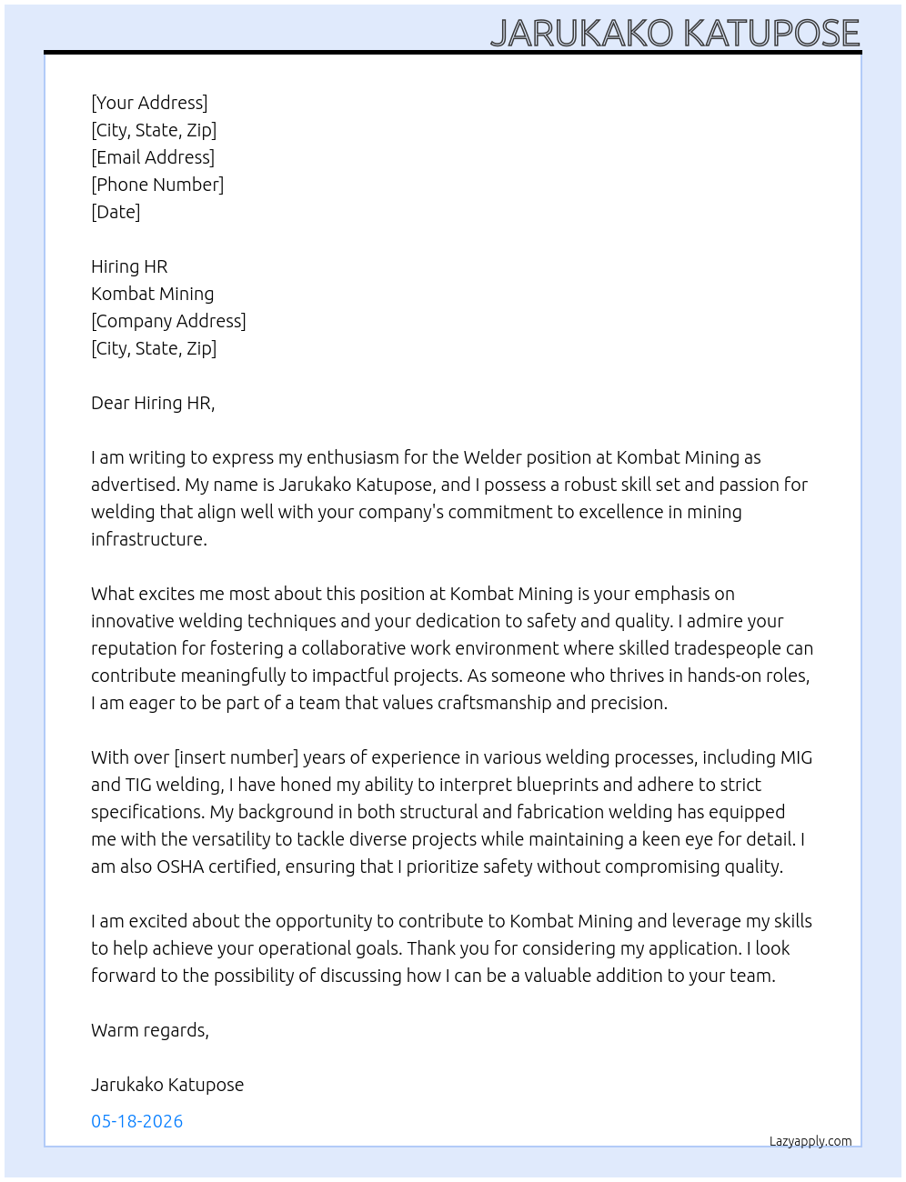 Welder Position  At Kombat Mining  Cover Letter