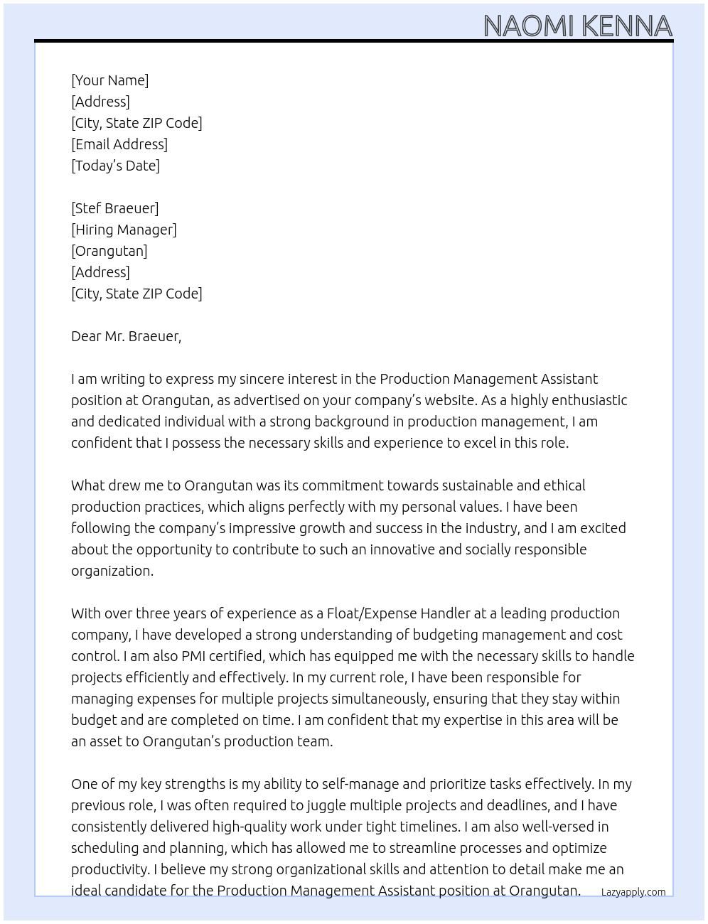 Production Management Assistant At Orangutan Cover Letter