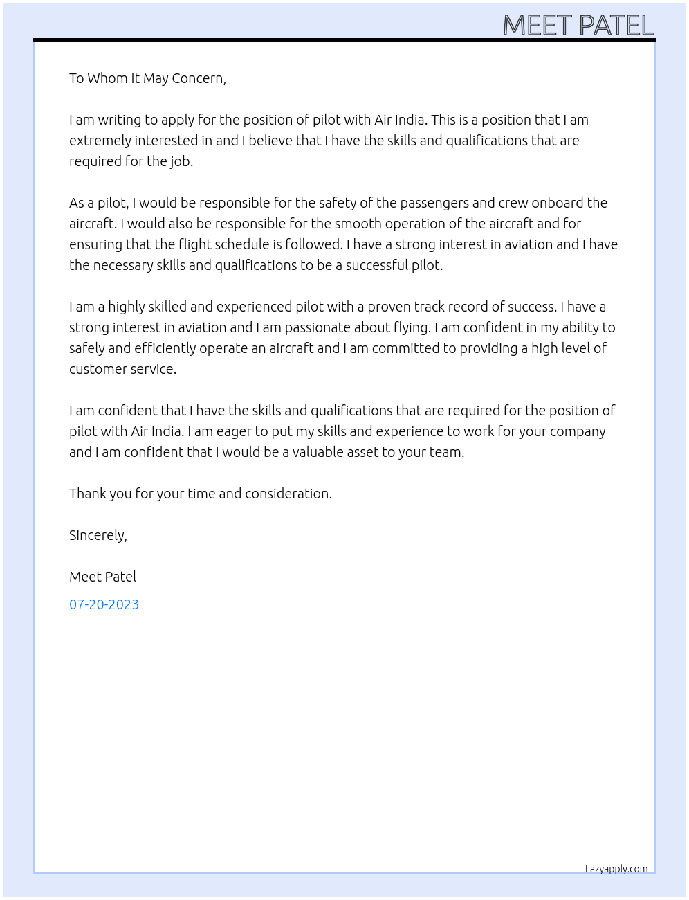 pilot At air india  Cover Letter