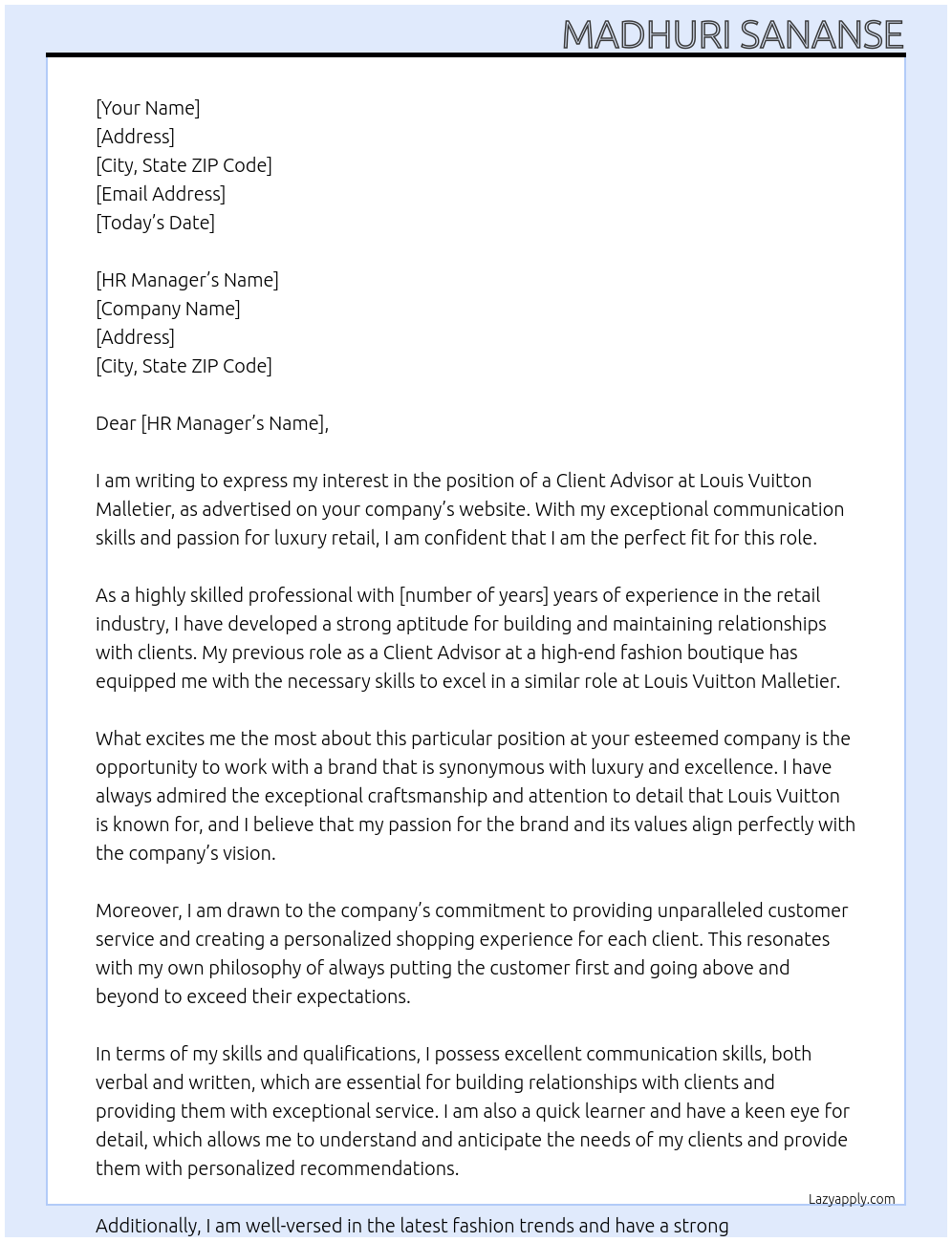 Client Advisor At Louis Vuitton Malletier Cover Letter