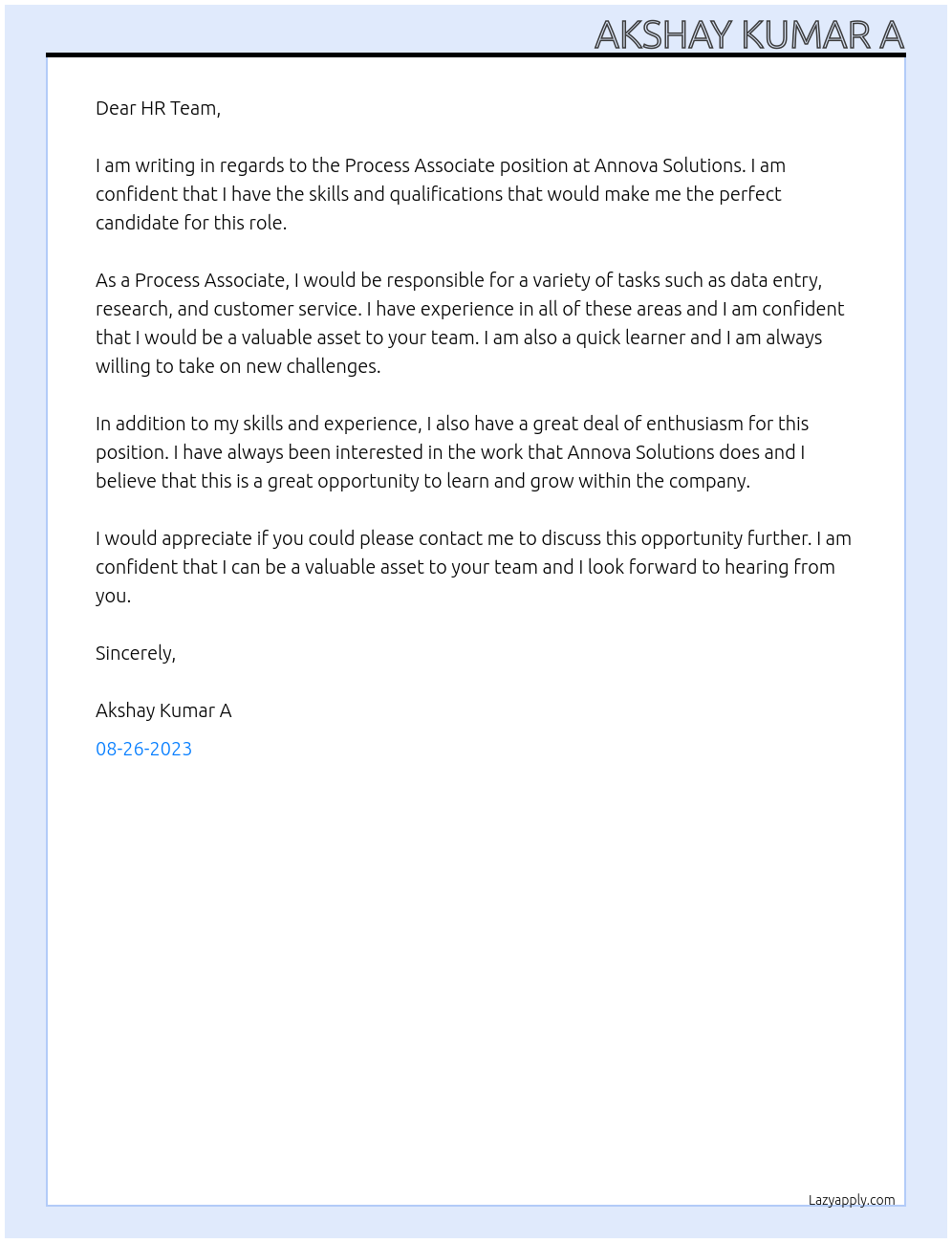 process associate At annova solution Cover Letter