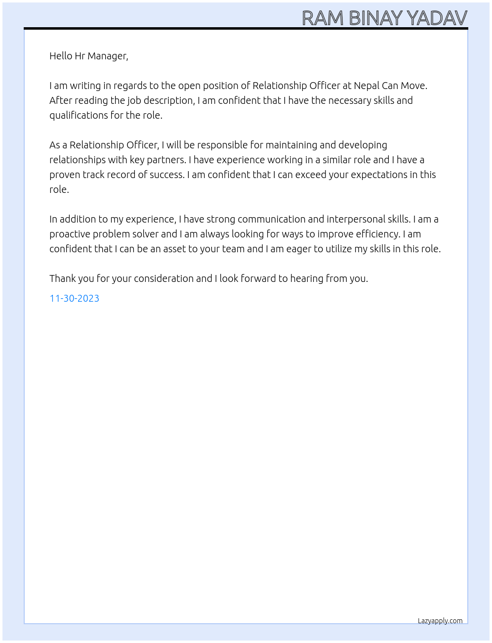 Relationship Officer At Nepal Can Move Cover Letter