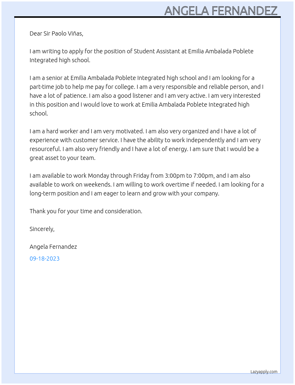 Student assistant  At Emilia Ambalada Poblete Integrated high school  Cover Letter