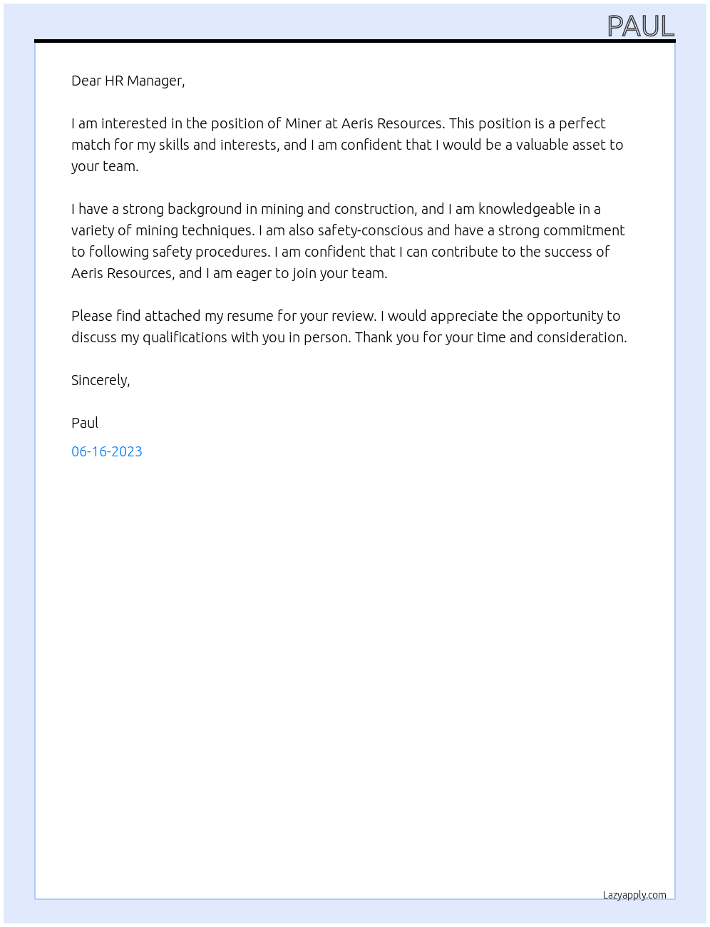 Miner At Aeris Resources Cover Letter