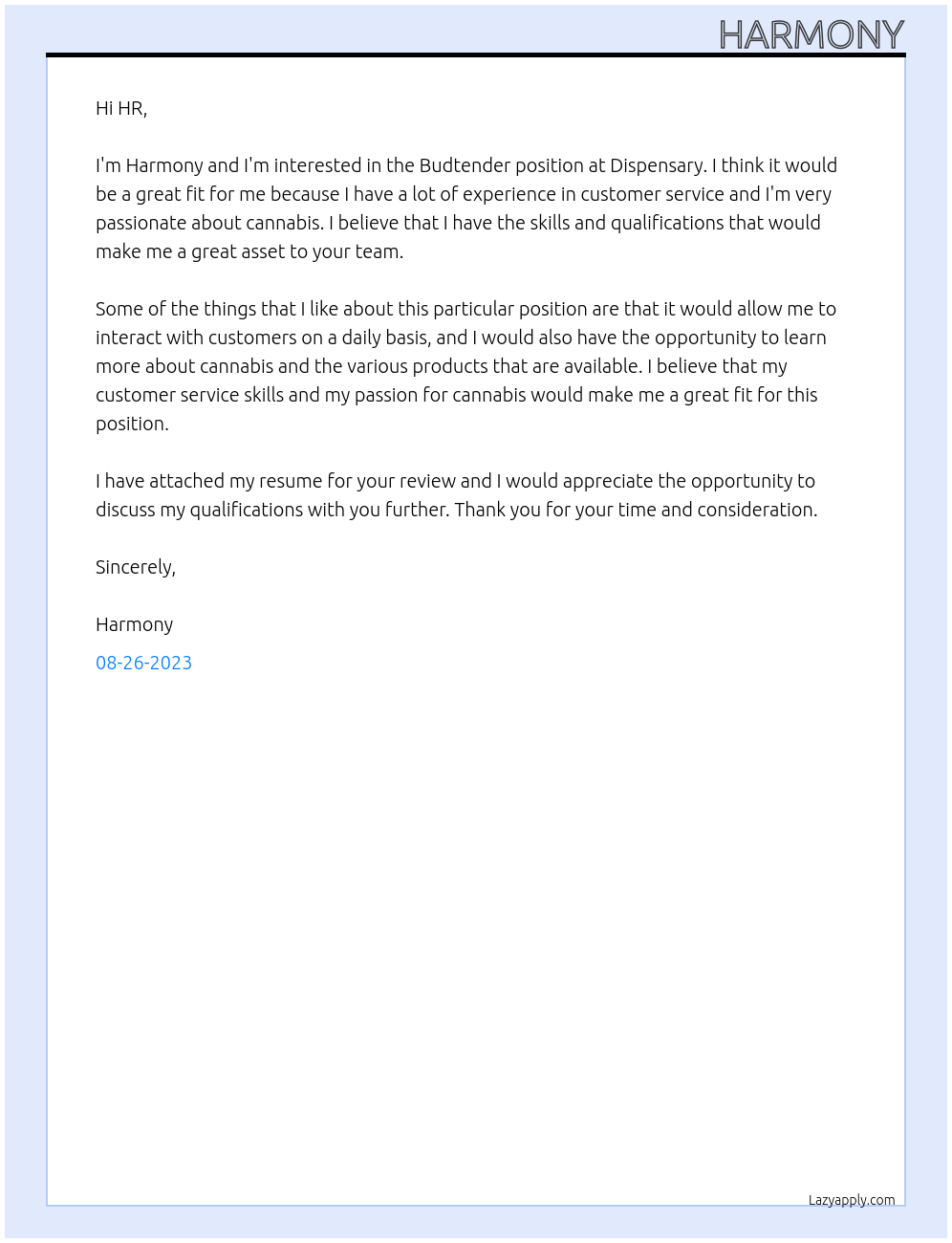 Budtender At Dispensary Cover Letter