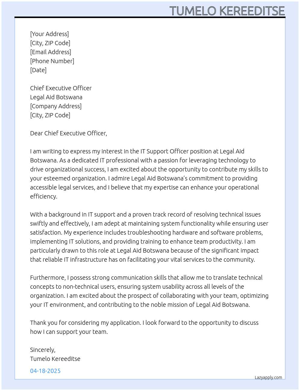 IT Support Officer At Legal Aid Botswana Cover Letter