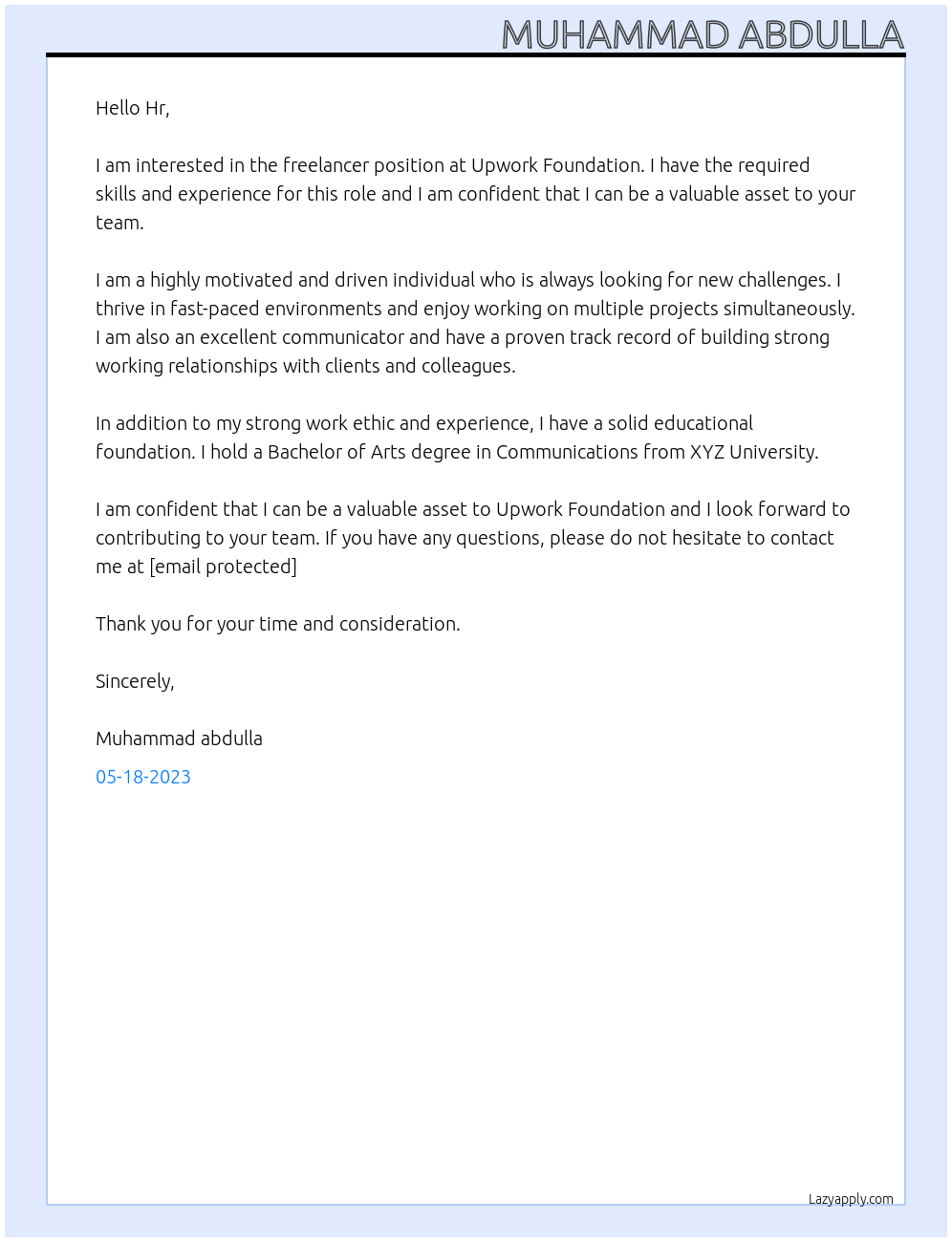 Freelancer At Upwork foundation Cover Letter