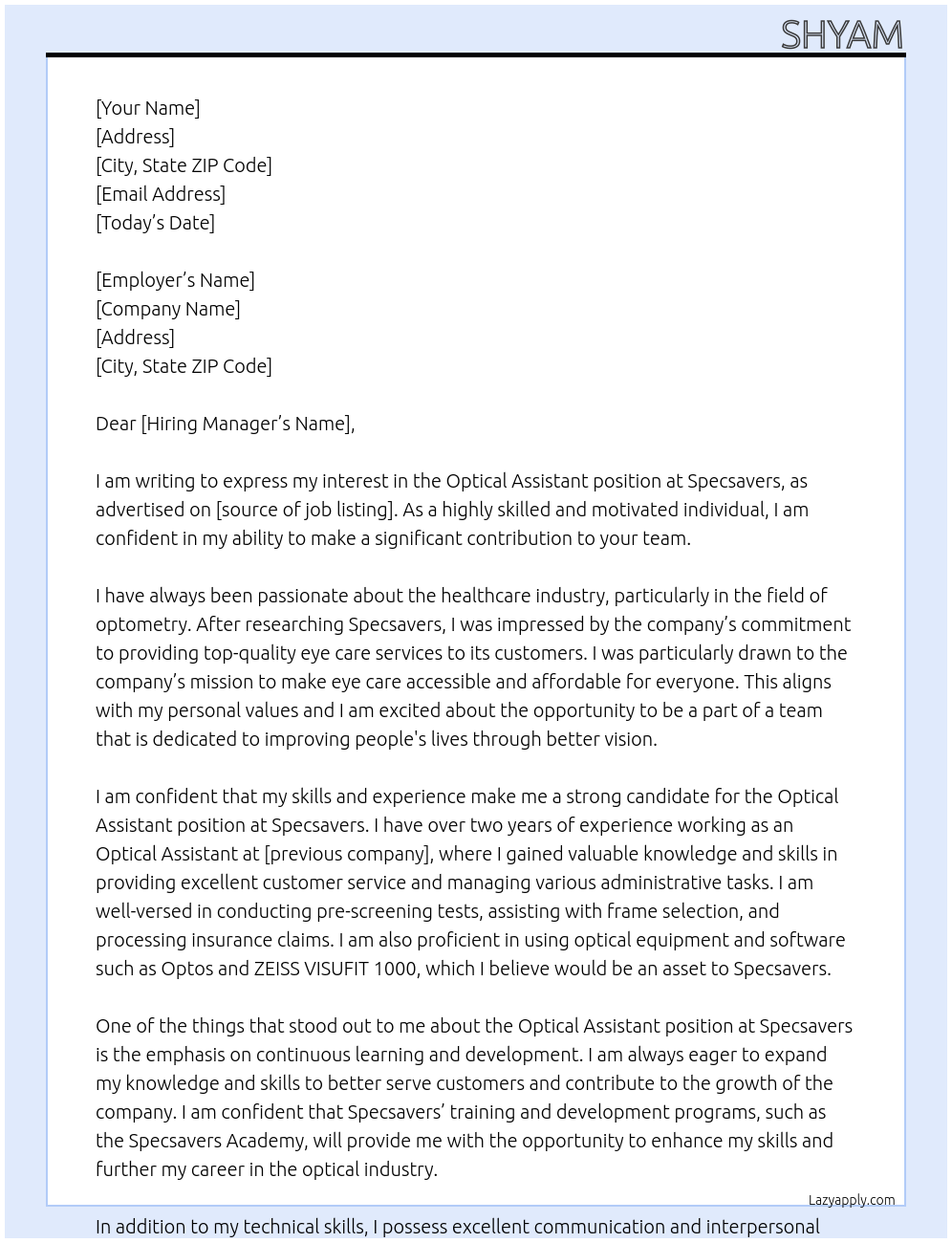 Optical assistant  At Specsaver Cover Letter