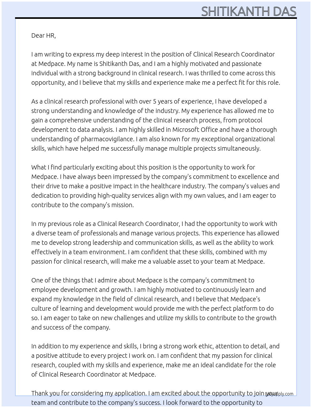 Clinical Research Coordinator At Medpace Cover Letter