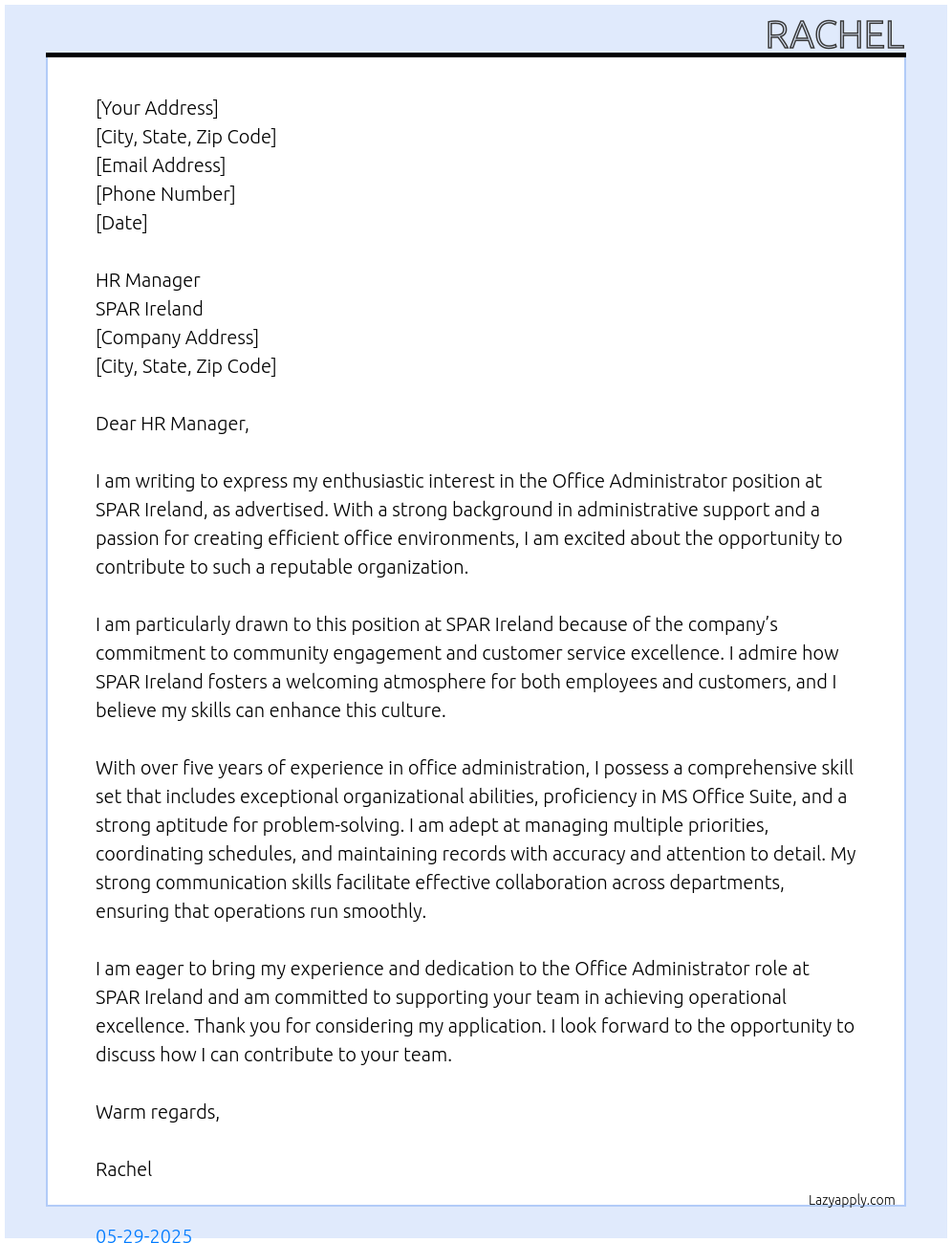 Office Administrator At SPAR Ireland Cover Letter