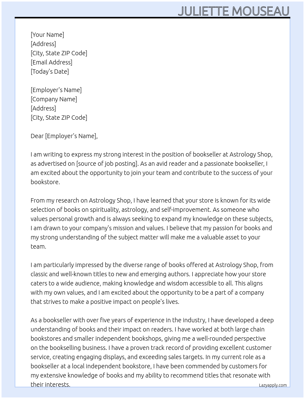 bookseller At Astrology Shop Cover Letter