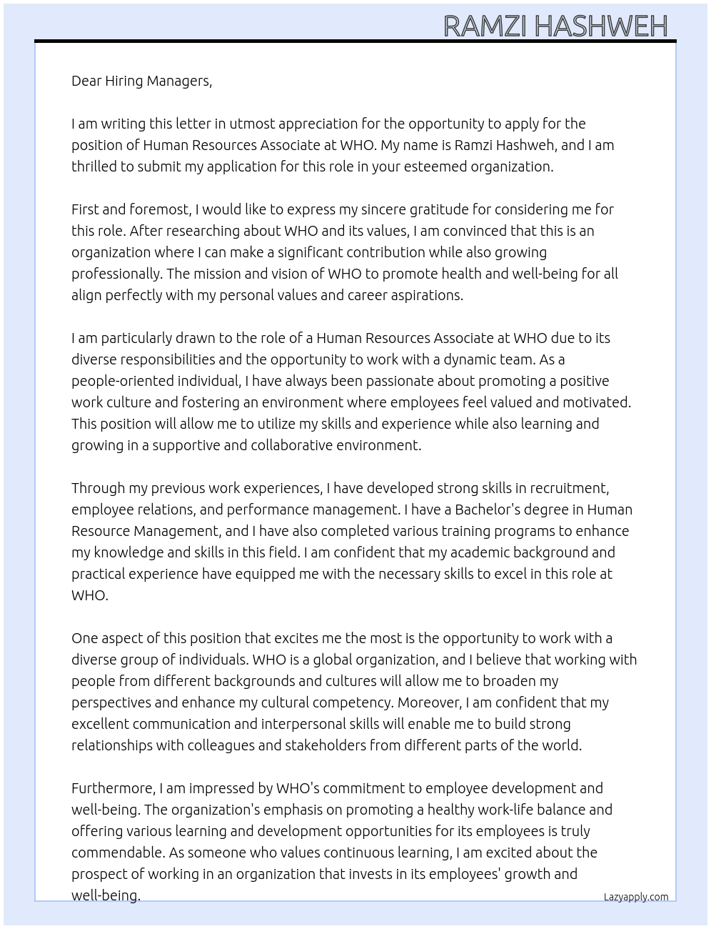 Human Resources Associate At WHO Cover Letter