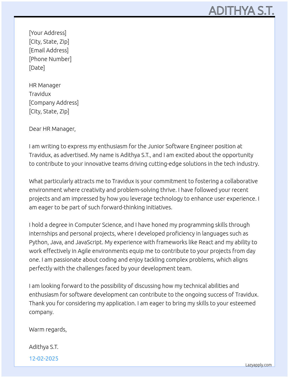 Cover letter for junior software engineer - LazyApply