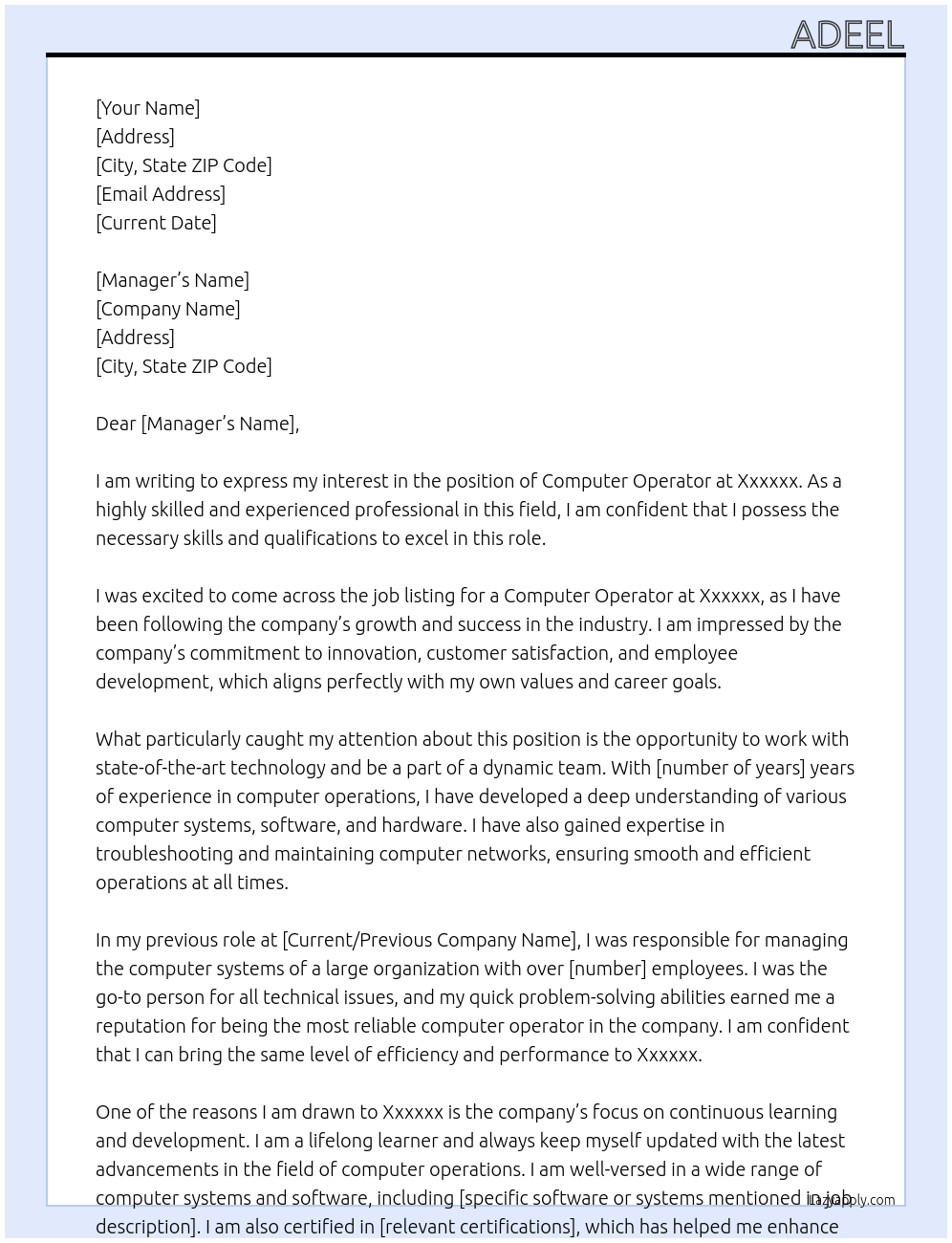 Computer operator At Xxxxxx Cover Letter