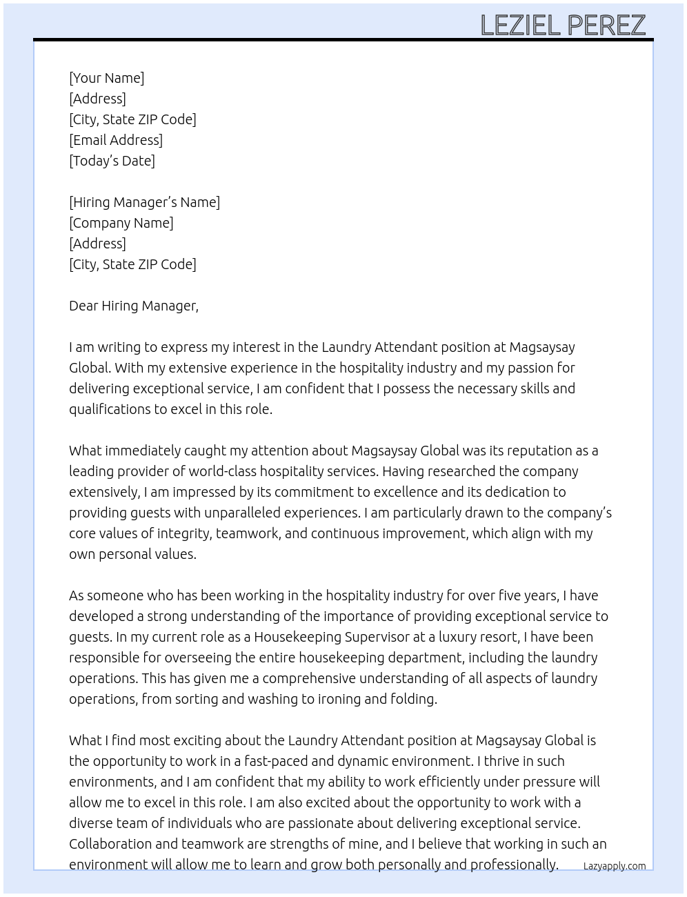 Laundry attendant  At Magsaysay global  Cover Letter