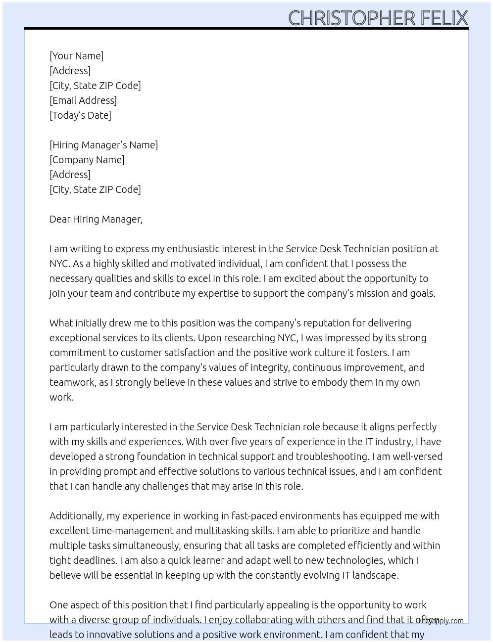 Service Desk Technician At NYC Cover Letter