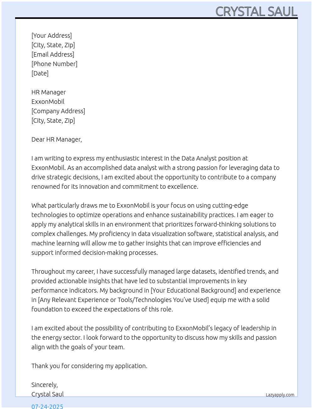 Data analysis At ExxonMobil Cover Letter