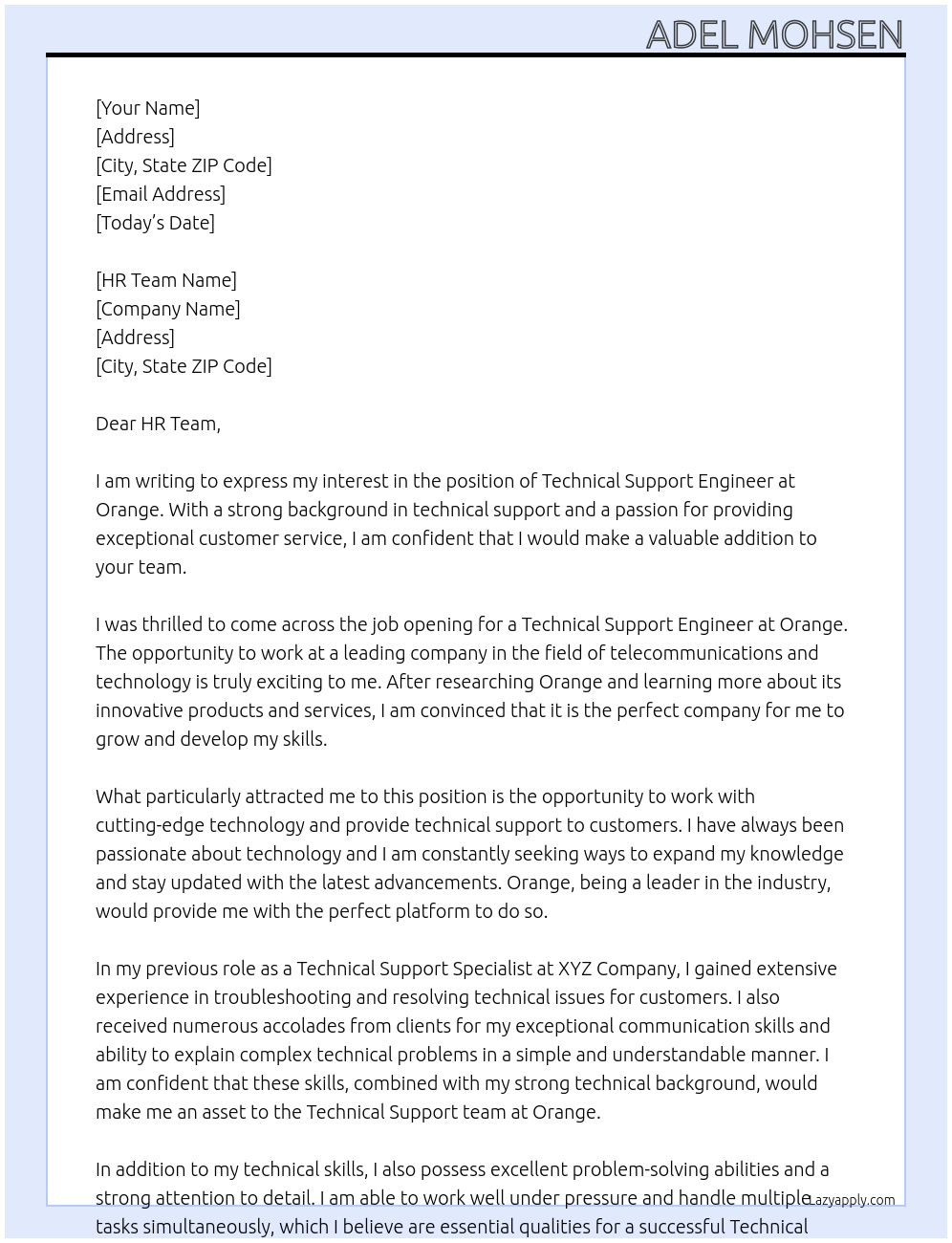 Technical Support Engineer At orange Cover Letter