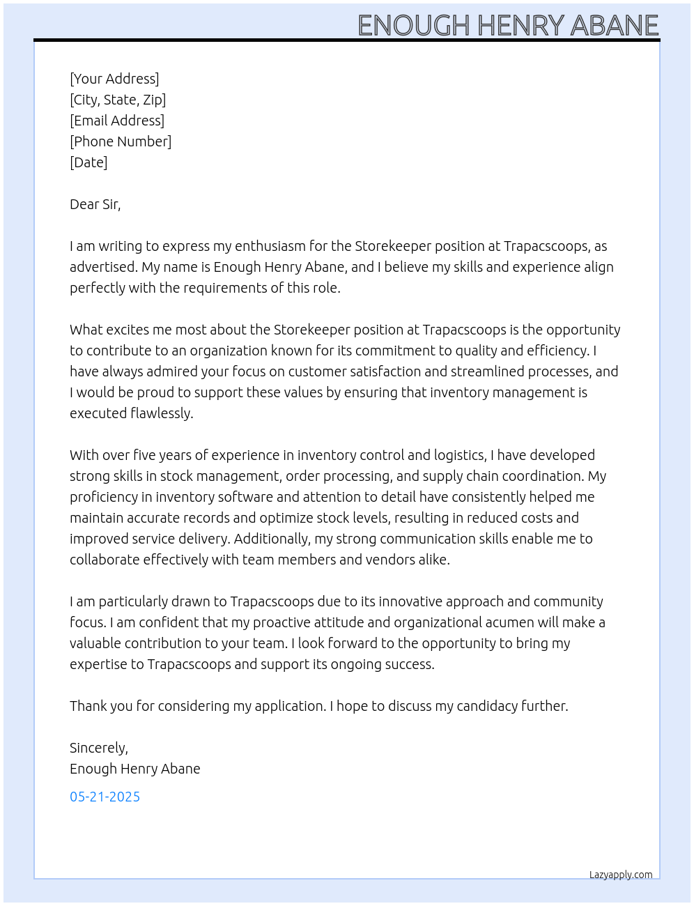 Storekeeper At Trapacscoops Cover Letter