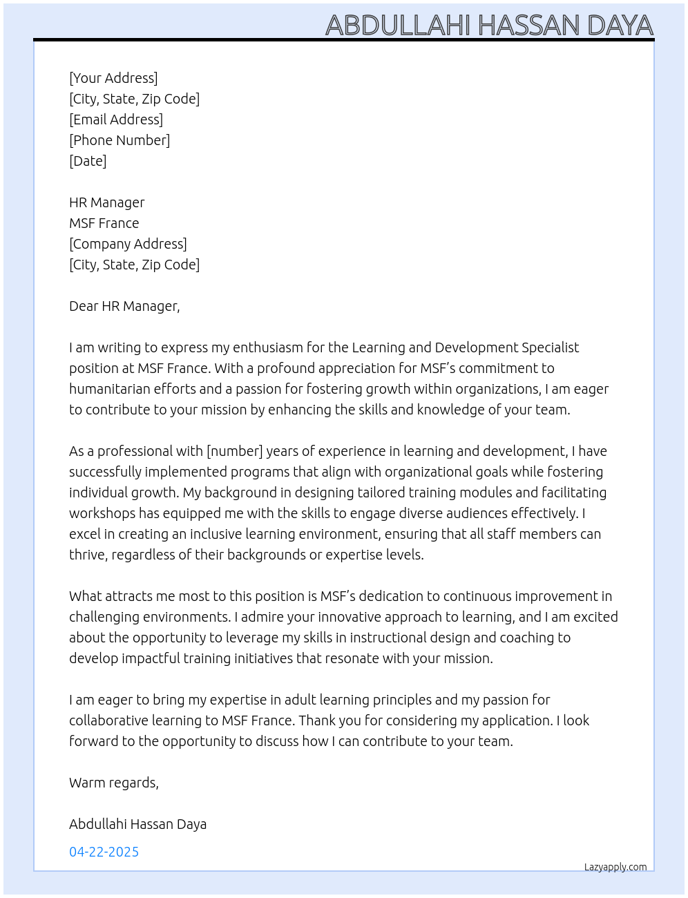 Learning and Development Specialist At MSF France Cover Letter