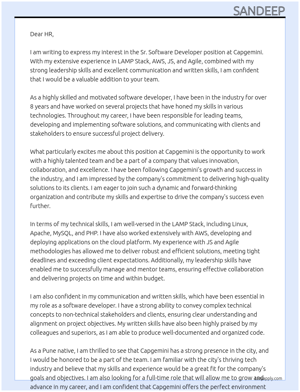 Sr. Software Developer At Capgemini Cover Letter