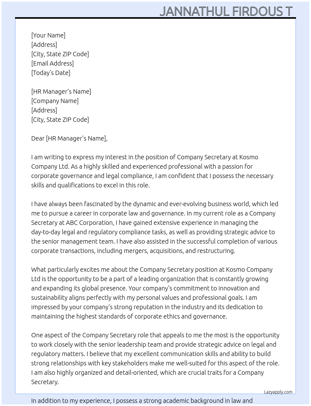 Company Secretary At Kosmo company ltd Cover Letter