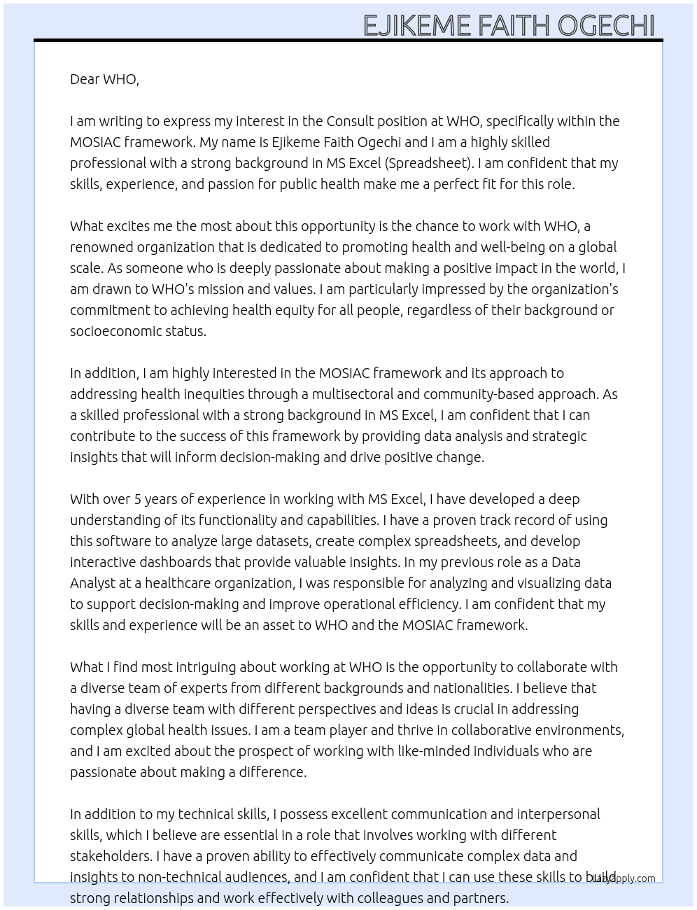 Consult - WHO MOSIAC framework  At WHO Cover Letter