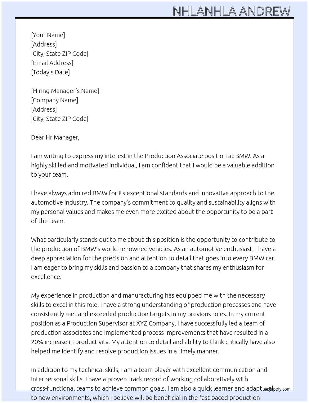 Production associate At BMW Cover Letter