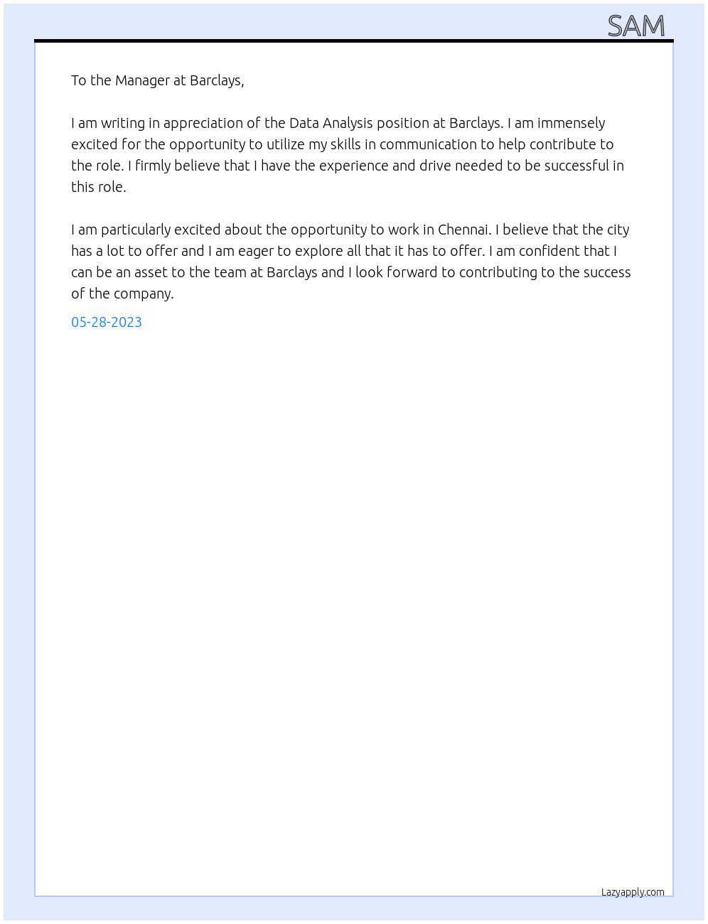 Data analysis At Barclays Cover Letter