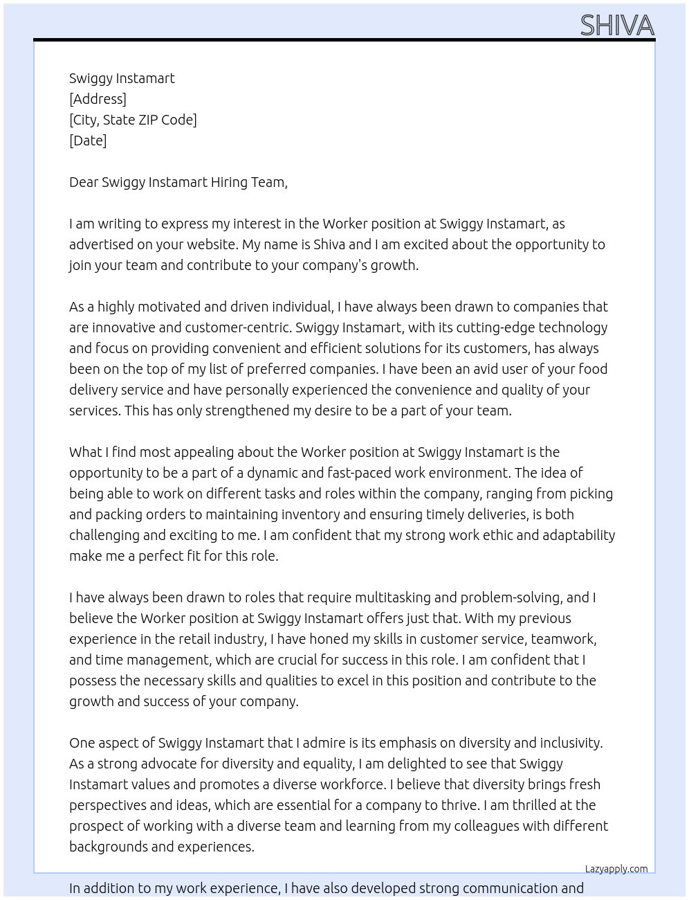 Worker At Swiggy Cover Letter