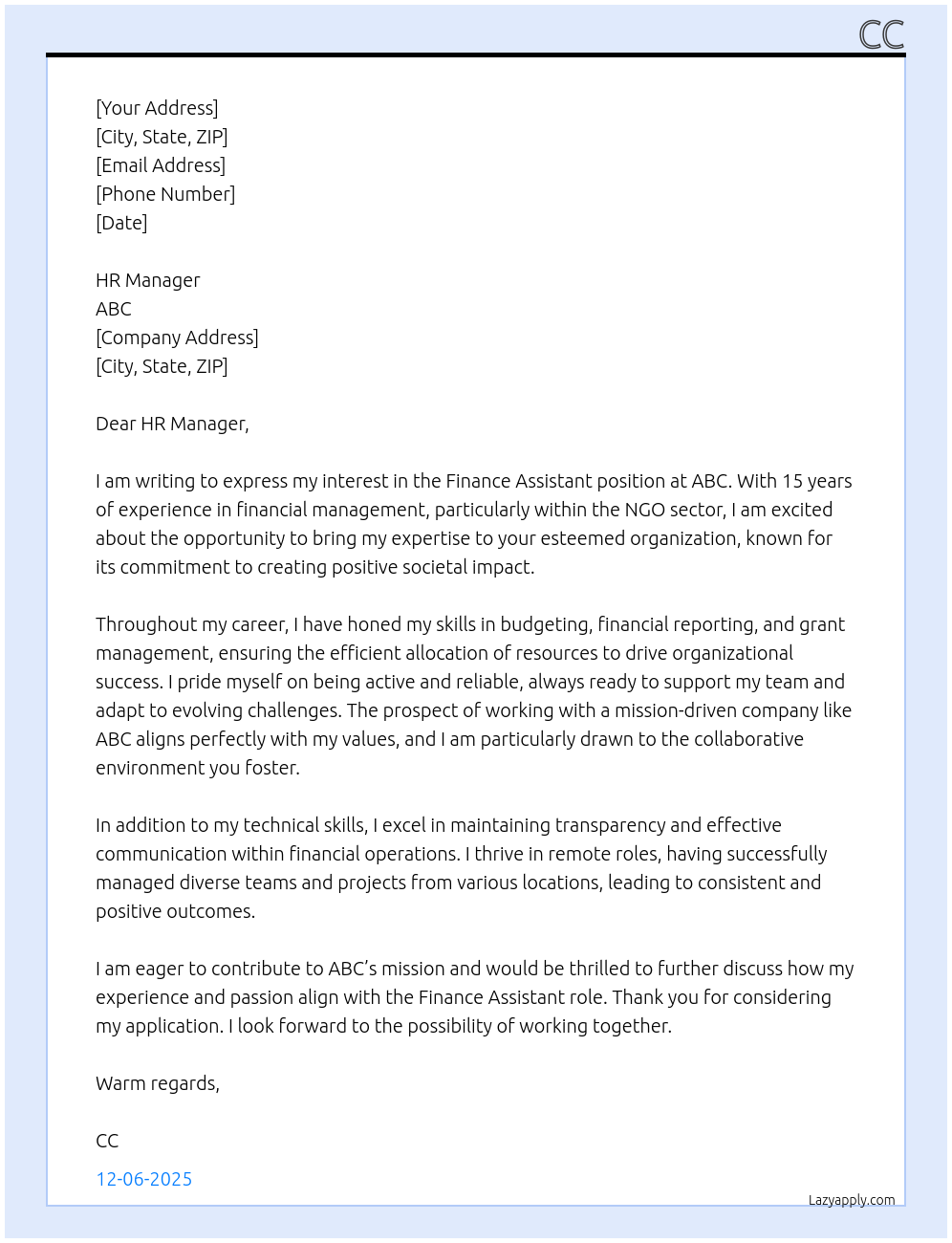 Cover letter for finance assistant - LazyApply