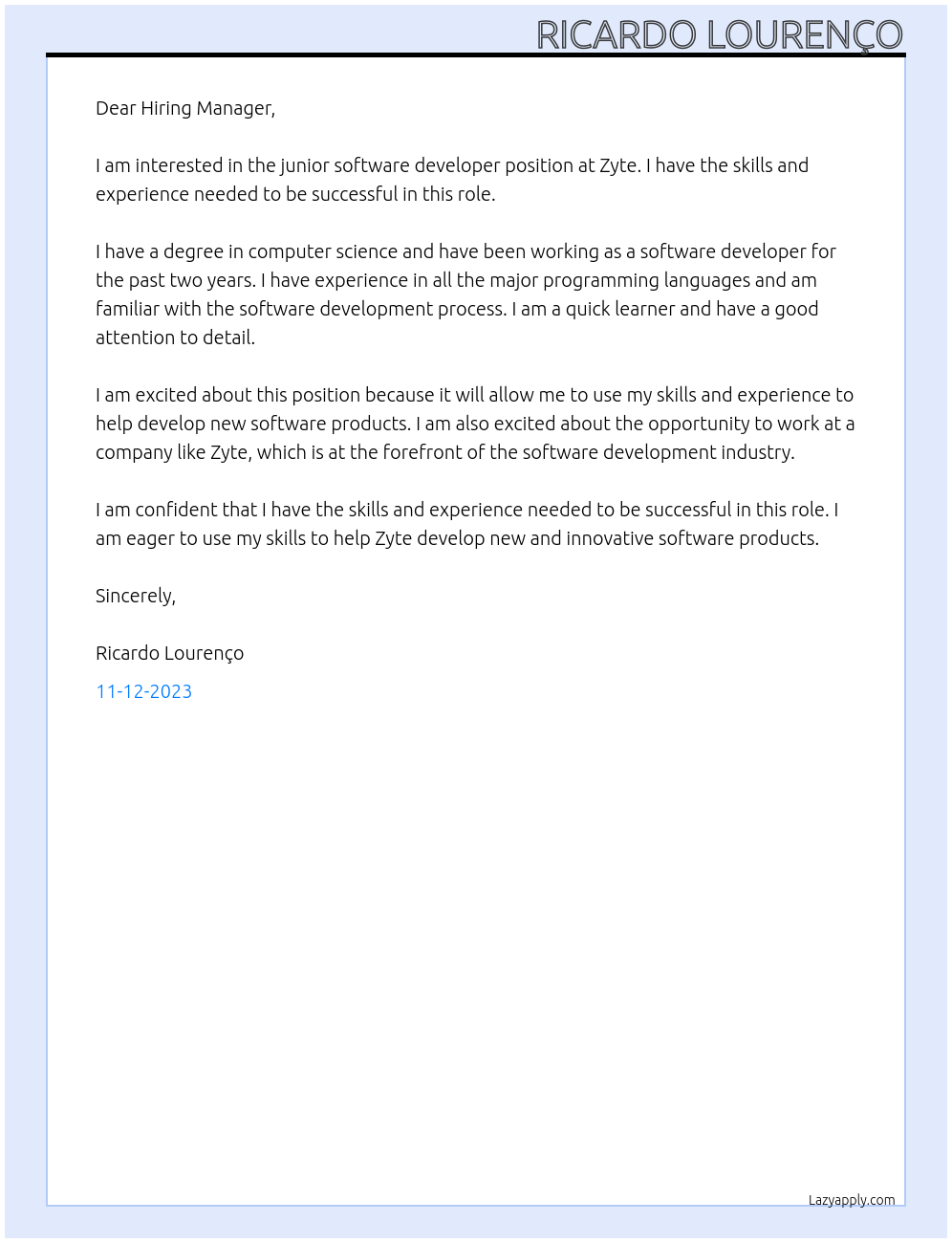 junior software developer At Zyte Cover Letter