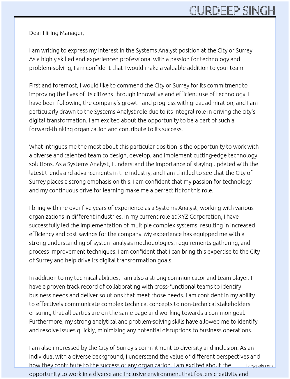 Systems Analyst At City of Surrey Cover Letter