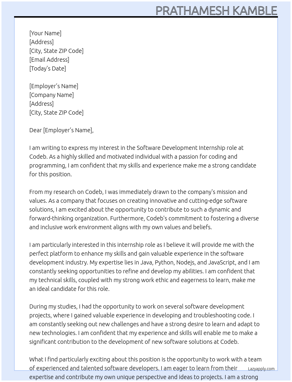 Software development At Codeb Cover Letter