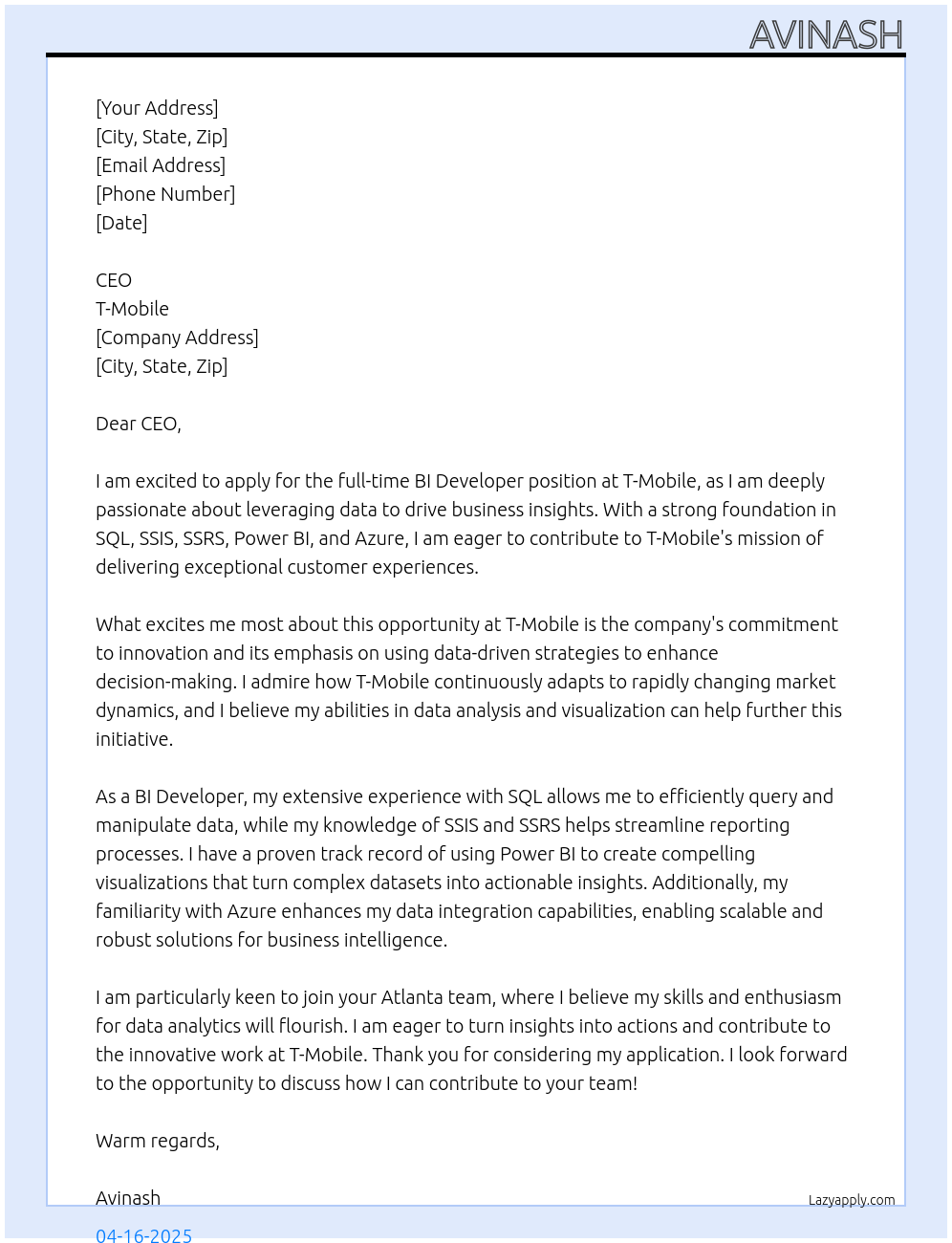 BI Developer At t mobile Cover Letter