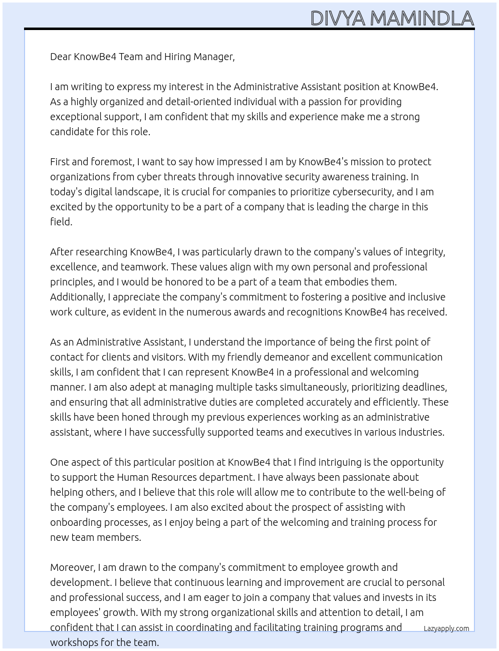 Administrative Assistant At KnowBe4 Cover Letter