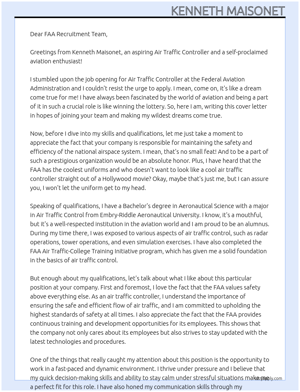 Air Traffic Controller At Federal Aviation Administration Cover Letter