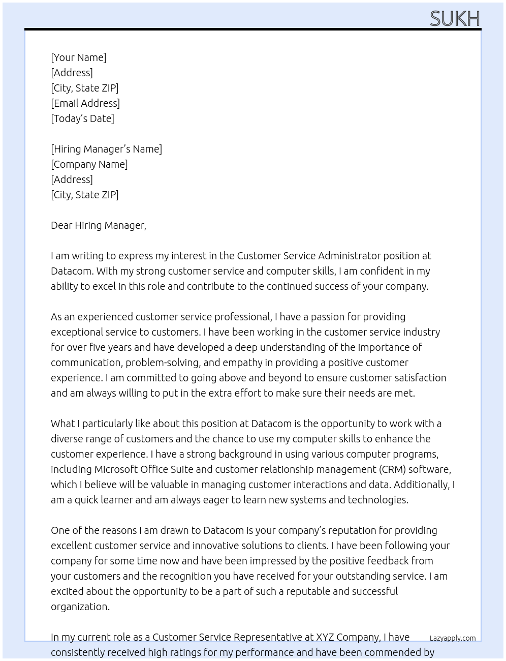 Customer Service Administrator At Datacom Cover Letter