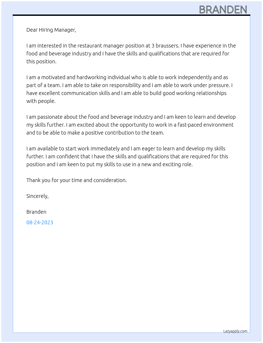 Restaurant manager At 3 braussers Cover Letter