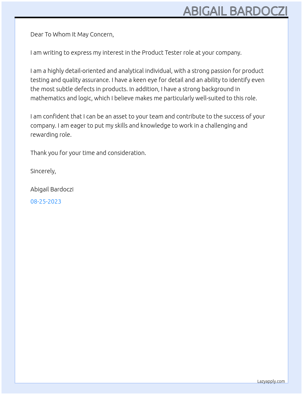Product Tester At None Cover Letter