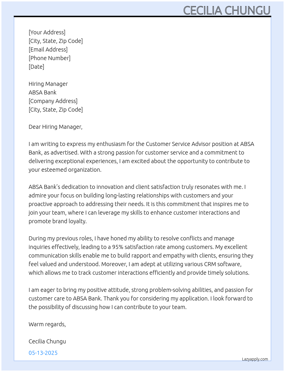 Customer Service advisor At ABSA Bank Cover Letter