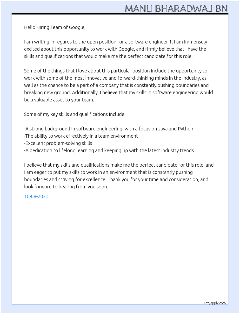 Cover letter for software engineer 1 - LazyApply