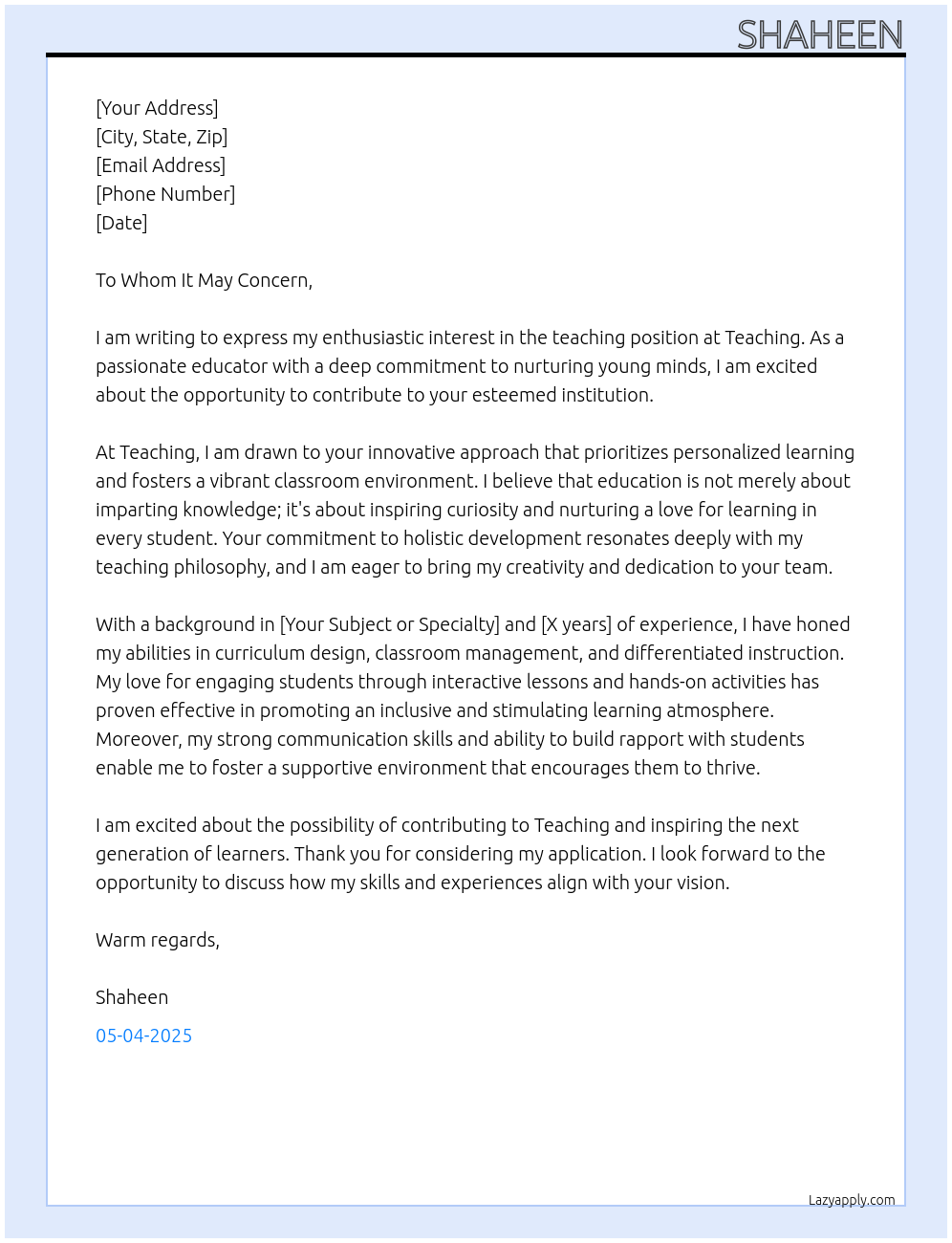 teacher At teaching Cover Letter