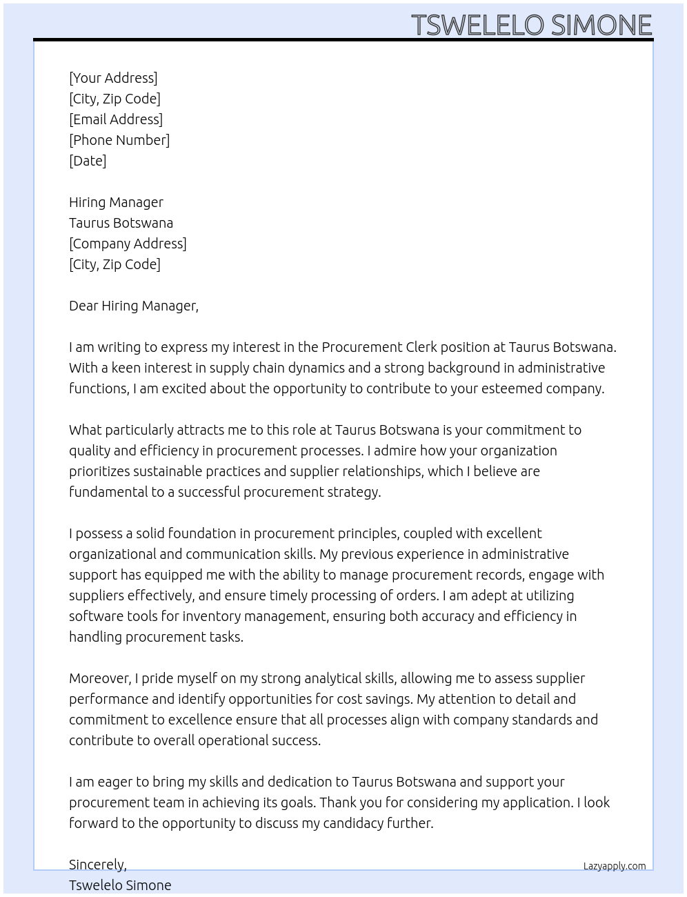 Procurement Clerk At Taurus Botswana Cover Letter